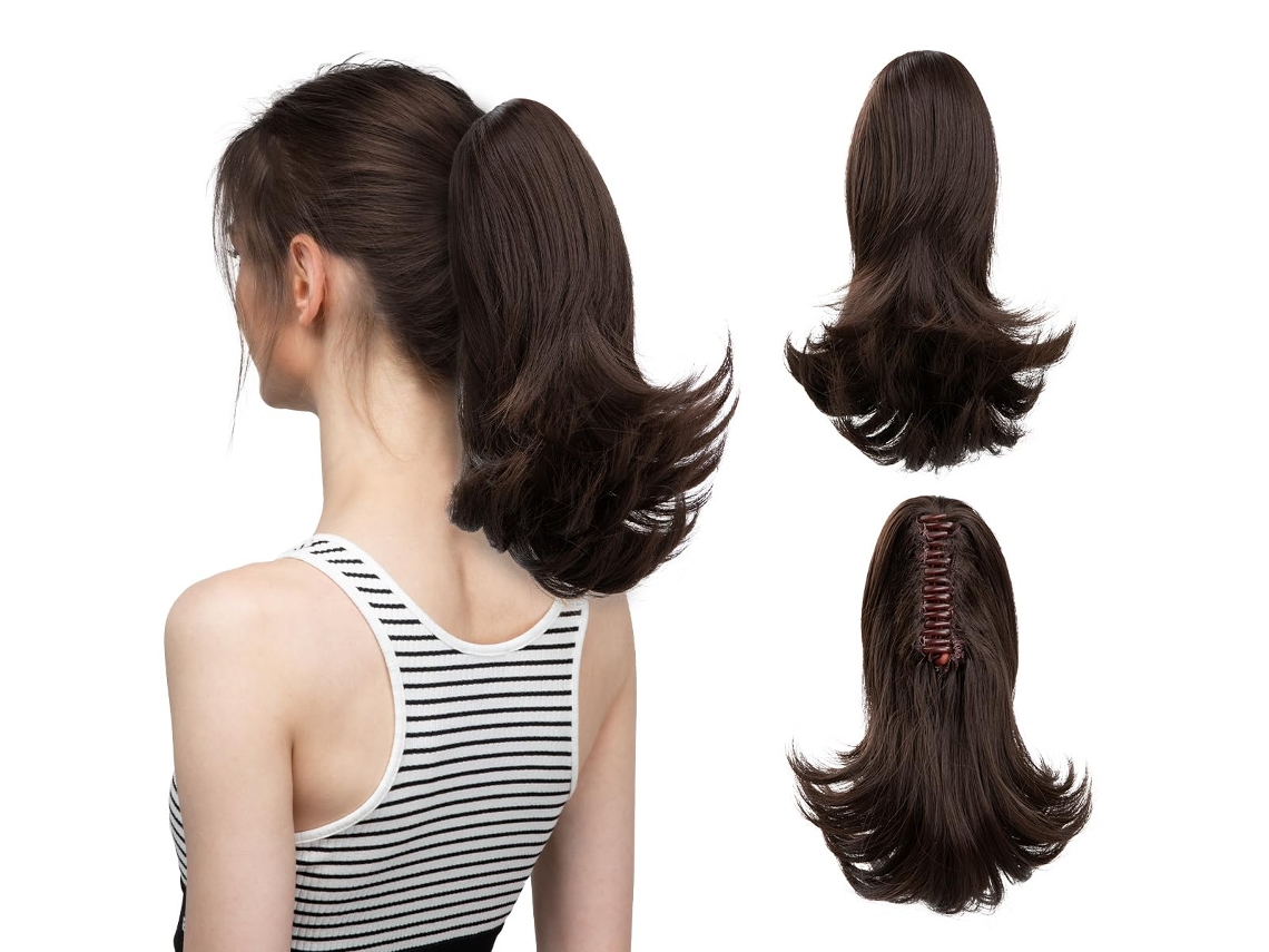 Peluca, extensión de cola de caballo con clip para mujer, microrizada (castaño oscuro/30 cm) Gertiz