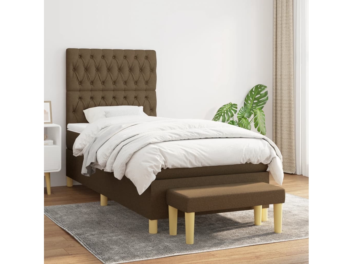 Cama Box Spring Con Colchón Tela Marrón Oscuro 100x200 Cm