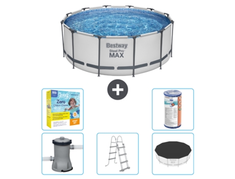 Piscina BESTWAY Round Steel Pro MAX - 366 x 122 cm - Gris - Incluida bomba - Escalera - Cobertor Paquete de mantenimiento - Filtrar