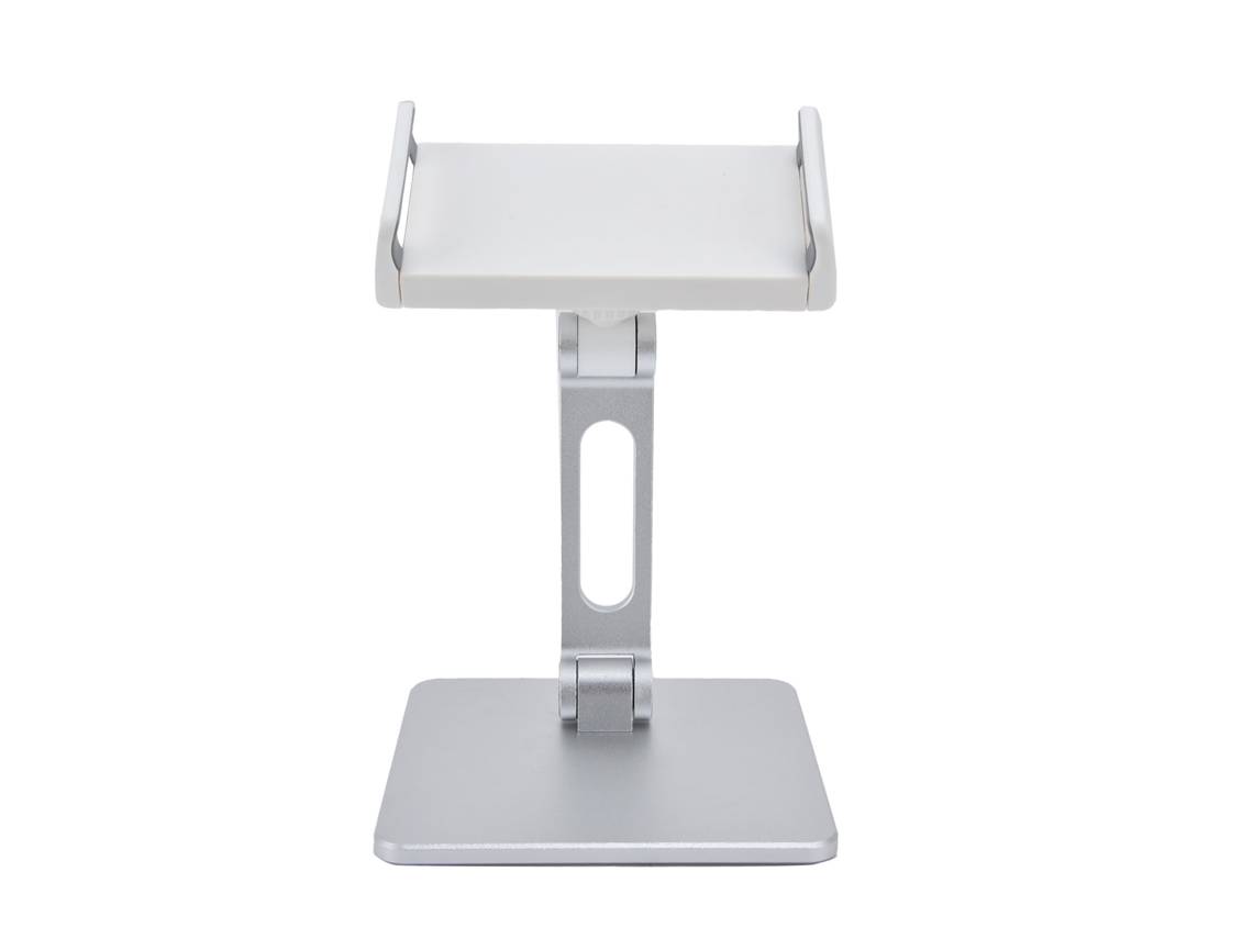 Soporte ajustable de aluminio para tablet y teléfono móvil, color plata.