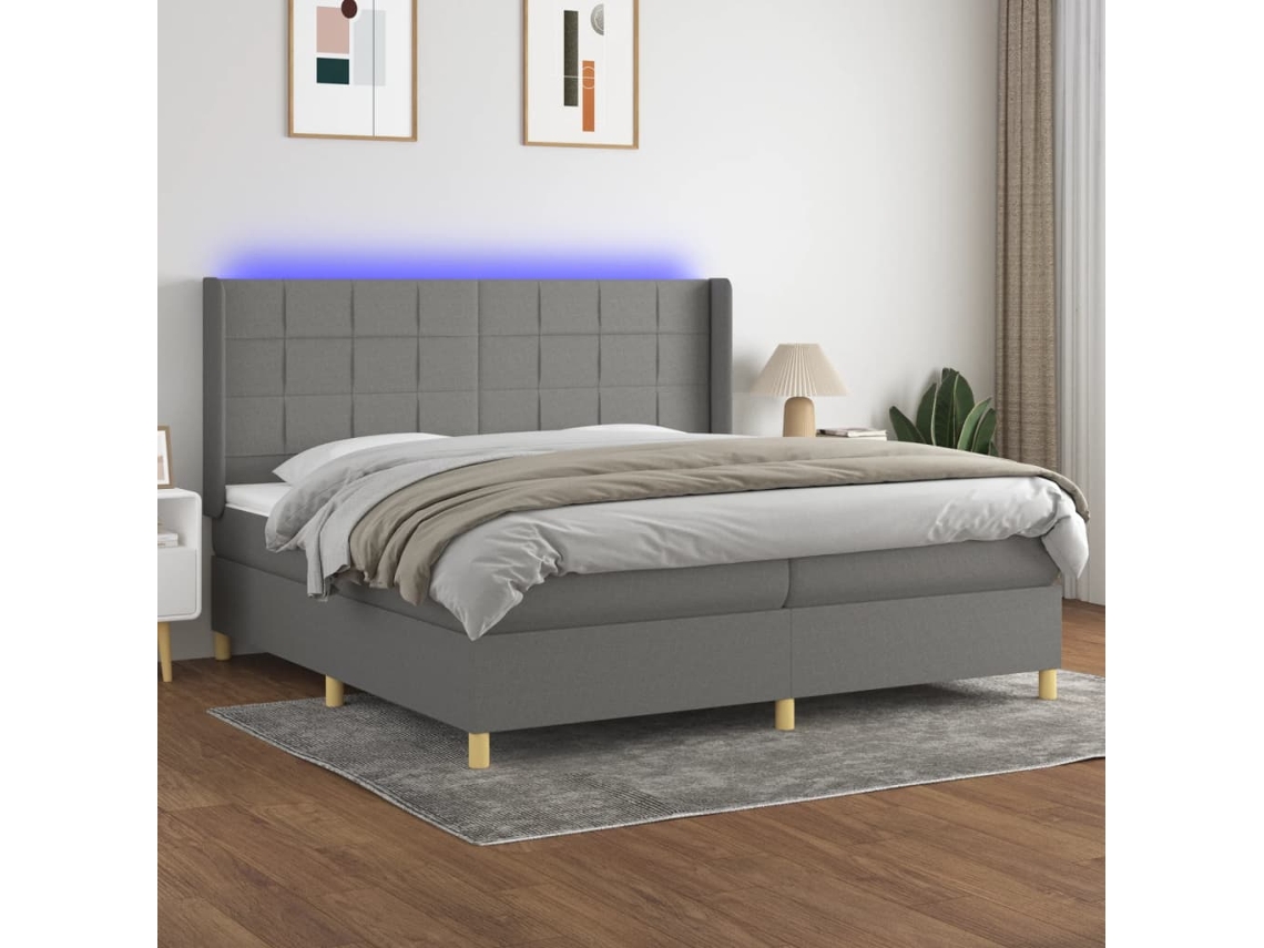 Cama Box Spring Colchón Y Luces Led Tela Gris Claro 200x200 Cm