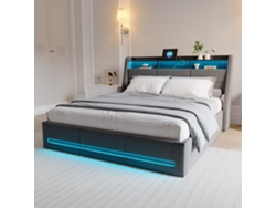 Cama Tapizada De 140 X 190 Cm, Cama Doble Con Almacenamiento Hidráulico, Puertos Led Y Usb, Somier De Láminas, Ropa De Cama, Sin Colchón.