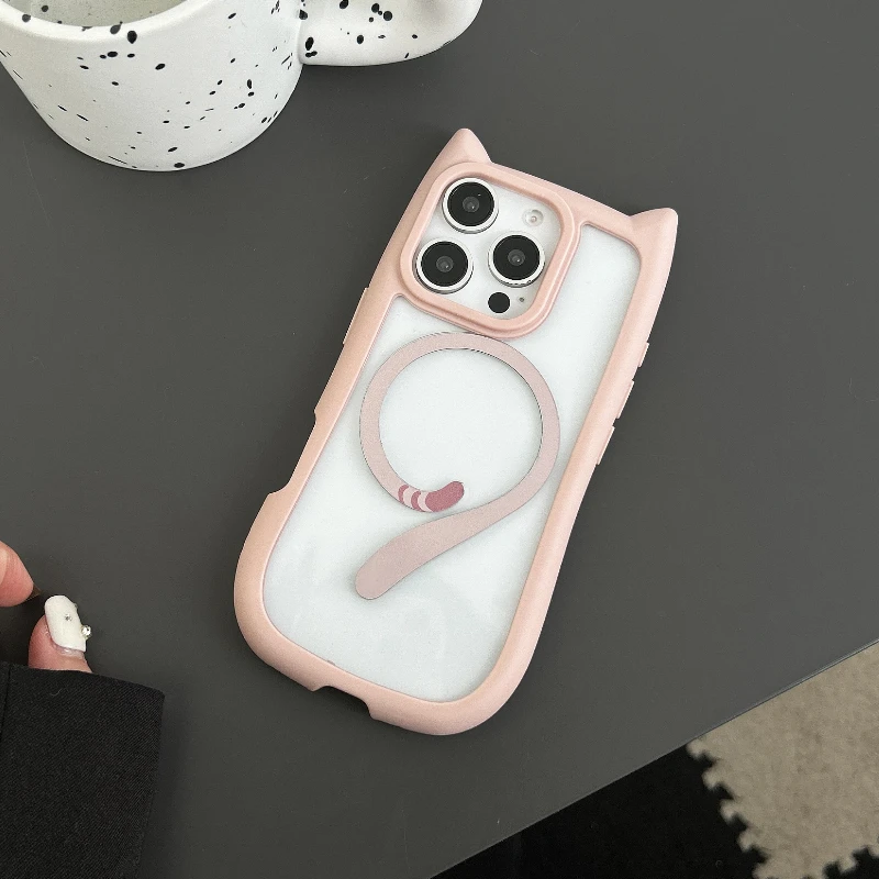 (rosa, Iphone 13) Funda Transparente De Tpu Con Orejas De Gato En 3d Para Iphone, Con Carga Inalámbrica Magnética.
