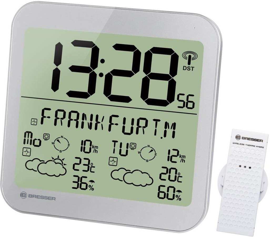 Bresser Reloj Con informacion meteorologica lcd mytime meteotime plateado pared del tiempo 4 y sensor exterior 7001900hzi000