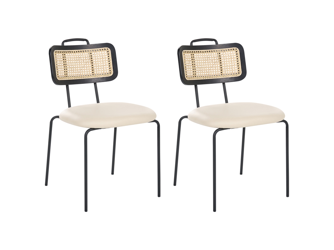 Conjunto De 2 Cadeiras De Jantar Modernas Com Encosto Em Rattan Sintético Beliani Adelanto De Ferro Creme 48x58x81