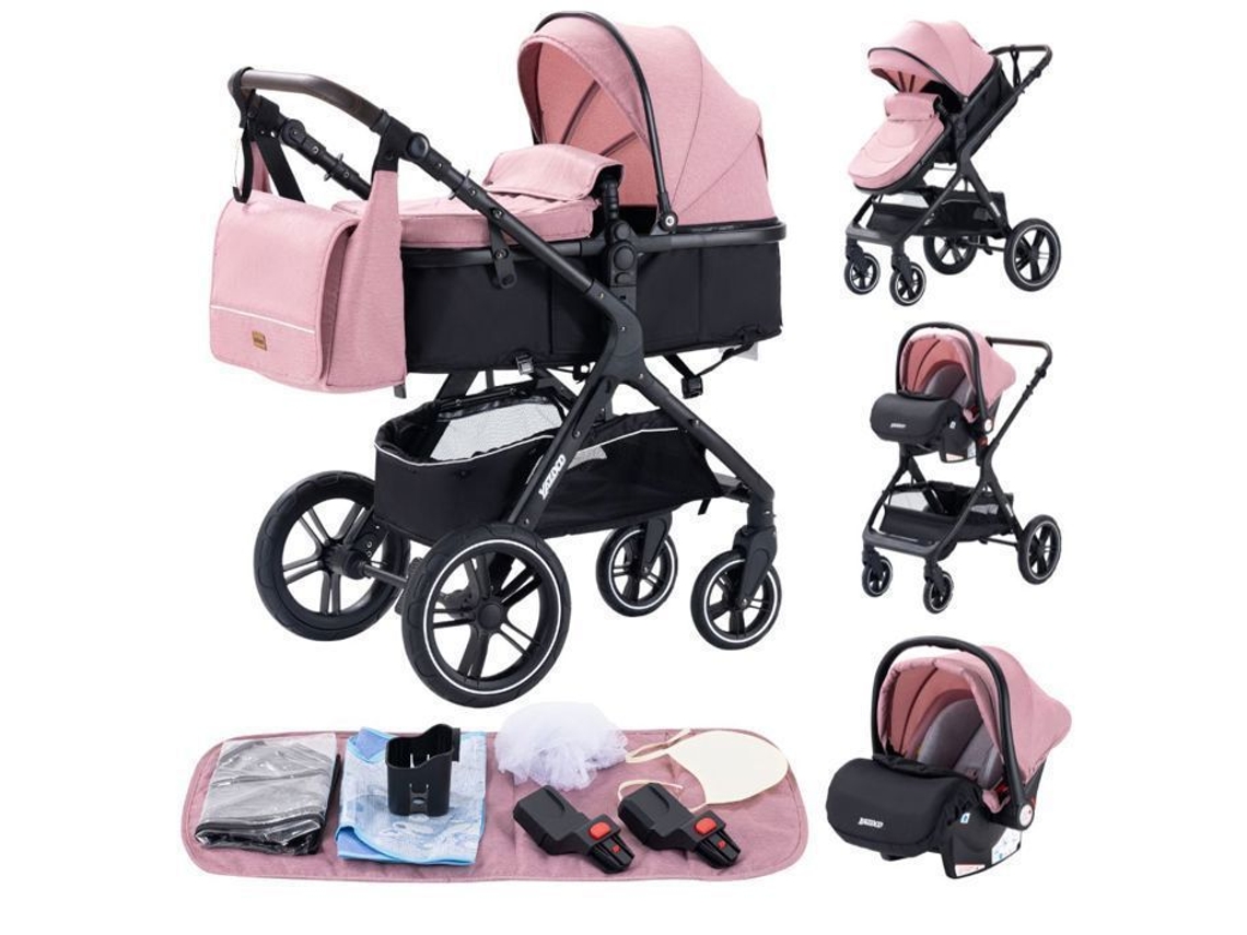 Cochecito de bebé 3 en 1, asiento de coche y baúl de almacenamiento - Trío reversible, ajustable, alta calidad, ruedas irrompibles, rosa - Yazoco