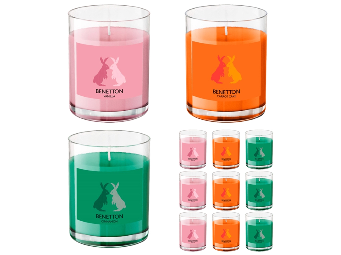 Juego de 12 velas Benetton de 65 g (pastel de zanahoria + vainilla + canela)