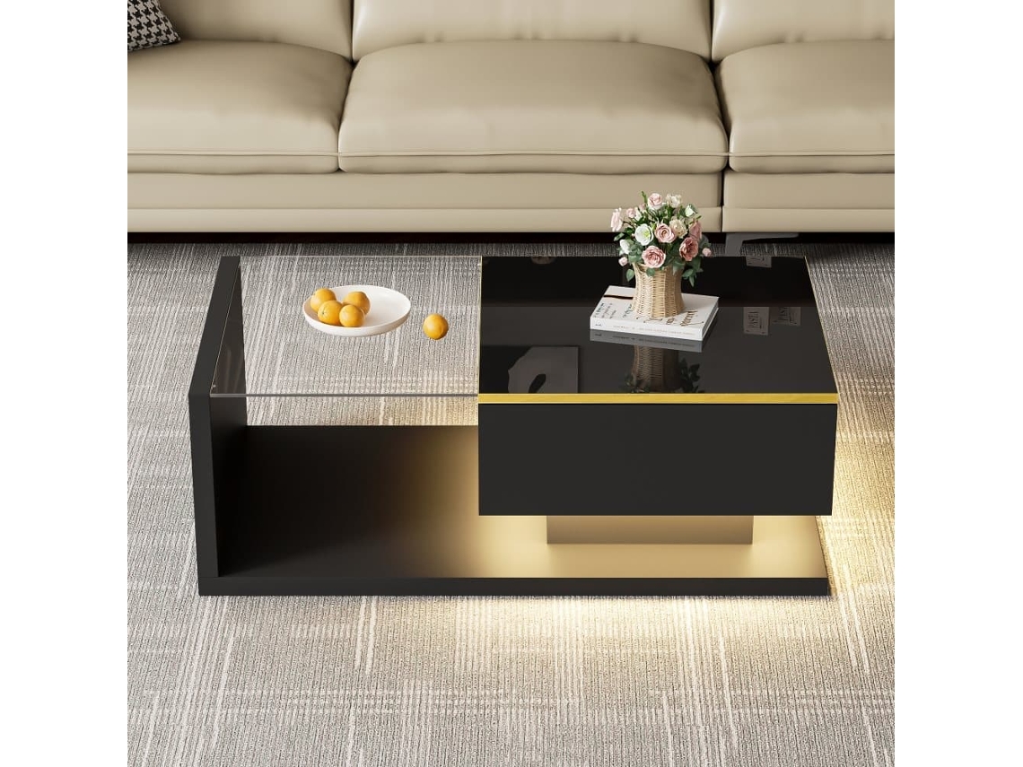 Mesa De Centro 90 Cm - Con Vidrio Y Efecto Led - Negro