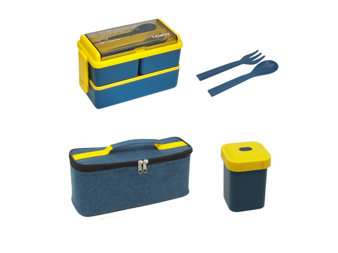 Lonchera Apilable Tipo Bento Con 3 Compartimentos, Bolsa Para Almuerzo, Bolsa Para Refrigerios Y Cubiertos (azul)
