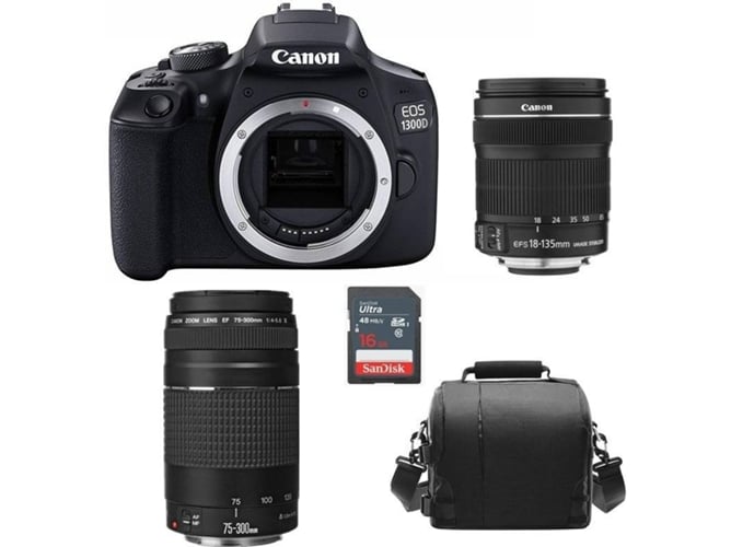 Kit Cámara Réflex CANON EOS 1300D + EF-S 18-135mm F3.5-5.6 IS STM + EF 75-300mm F4-5.6 III + Bolsa + 16GB SD