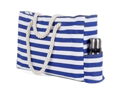 2026-bolsa De Playa Grande Con Asas De Cuerda De Algodón, Lona A Rayas Azules Y Bolsillo Interior Impermeable