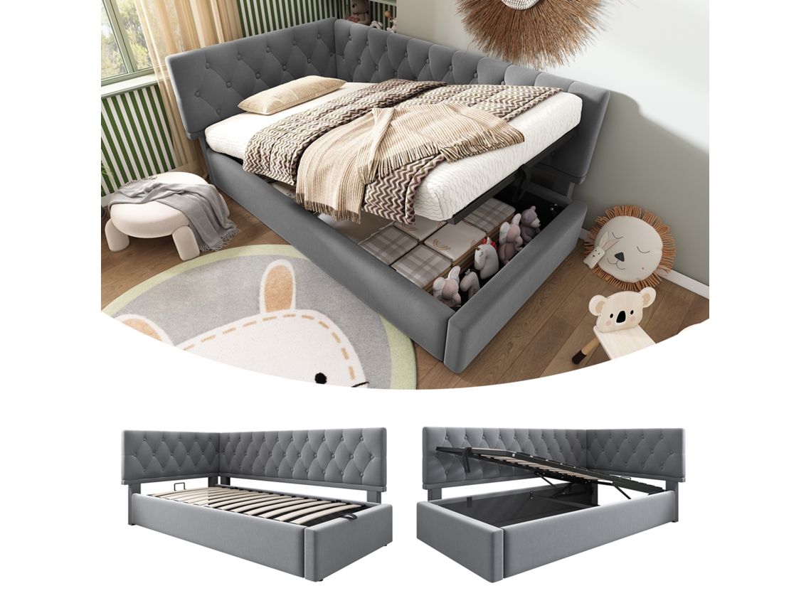 Sofá Cama Infantil/juvenil De 90x200 Cm Con Almacenamiento Hidráulico, Base De Láminas De Madera, Tapicería De Terciopelo Gris, Colchón No Incluido.