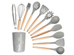 Juego de 11 utensilios de silicona con mangos de madera antiadherentes, resistentes al calor, gris claro HEXINYIGJLY