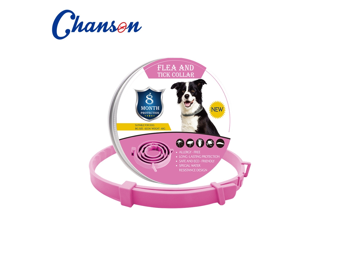 Collar antipulgas y garrapatas, protección total durante 8 meses, ajustable, para perros y gatos, 62 cm, DAWNPAVILL (perro rosa).