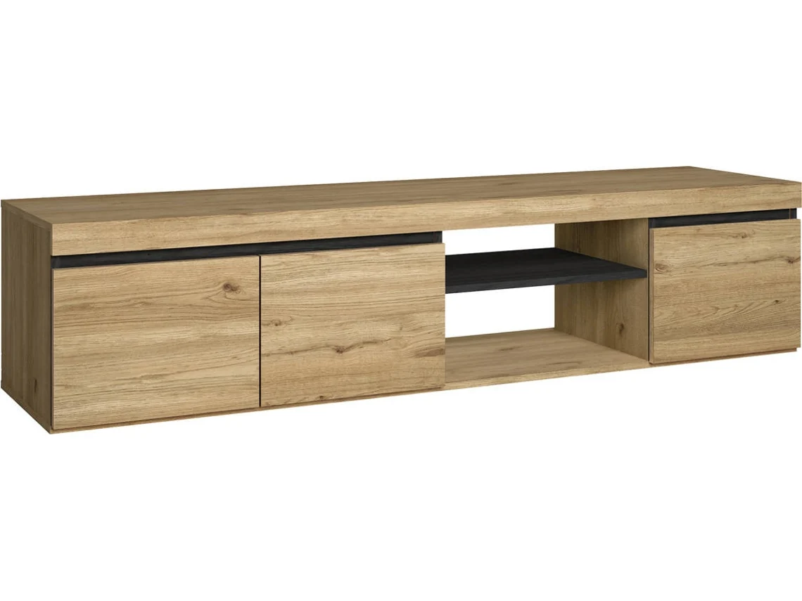 Mueble Tv Naturale Color Roble Y Negro, 2 Puertas Y 2 Compartimentos, 160x40x41cm
