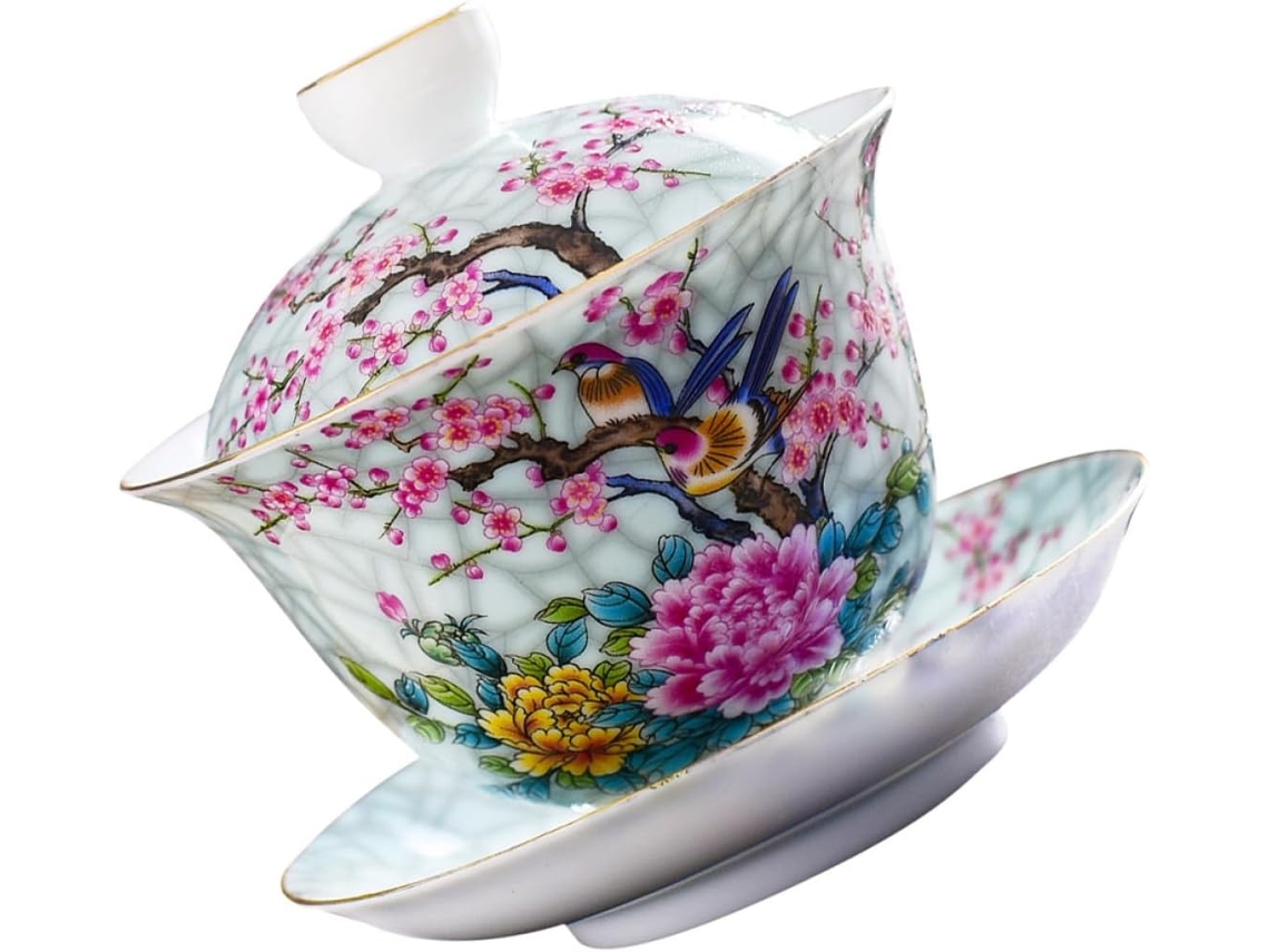 Juego de té de cerámica, tazón de té chino, taza decorativa con tapa, estampado floral con CHABERLU