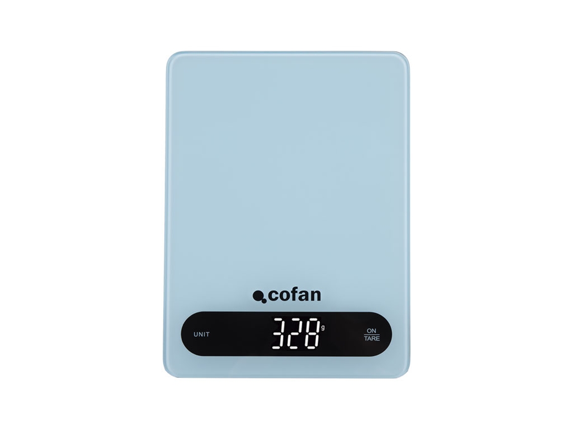 COFAN Báscula Digital de Cocina de vidrio templado con apagado automático Máximo 10 kg 4 Sensores de alta precisión Color: Azul
