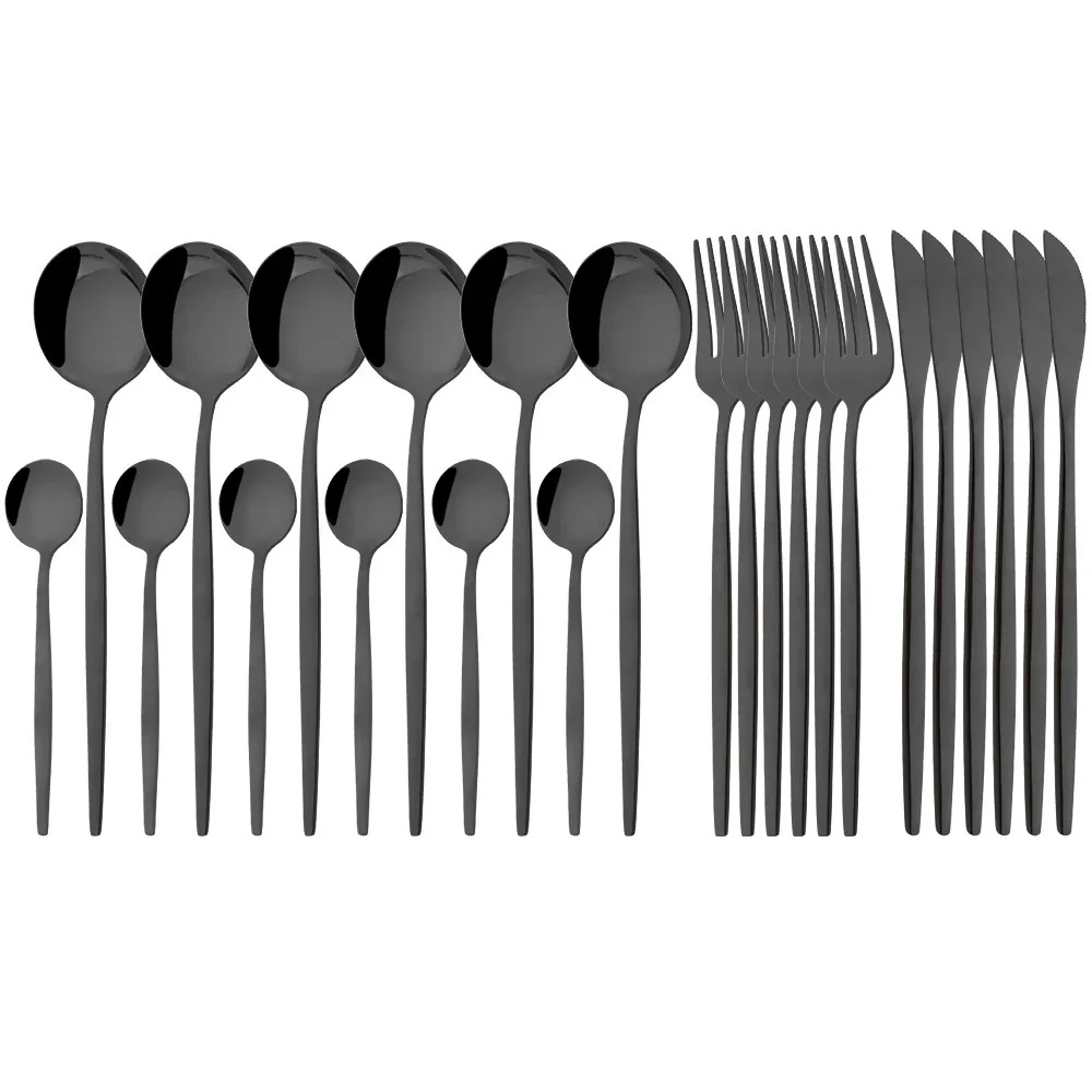(negro, Juego De 24 Piezas) Cubiertos De Acero Inoxidable Pulidos A Espejo, Incluye Cuchillo, Tenedor Y Cuchara.