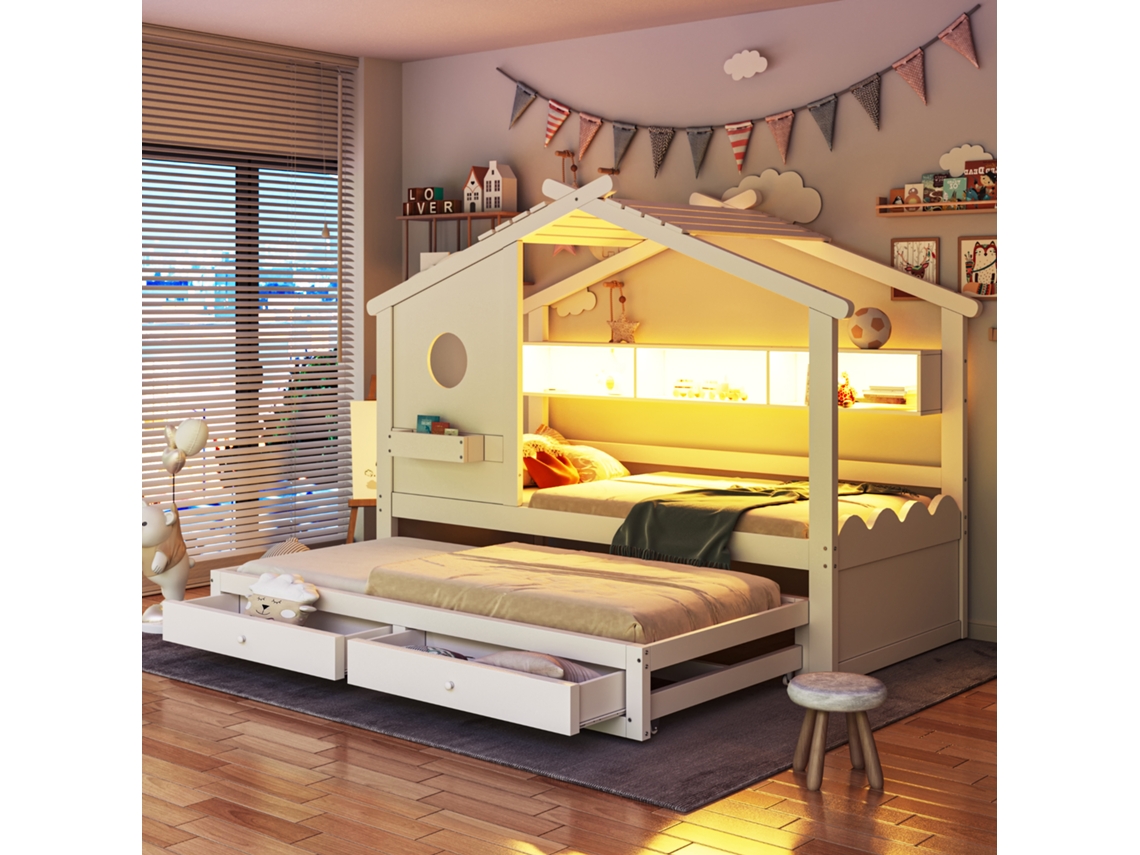 Cama Infantil 90x200 Cm Com Cama Auxiliar 90x190 Cm, Design Casinha, Gavetas, Usb/type-c, Led E Prateleiras, Branca