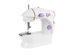 Mini máquina de coser, diseño portátil, luz integrada, color blanco.