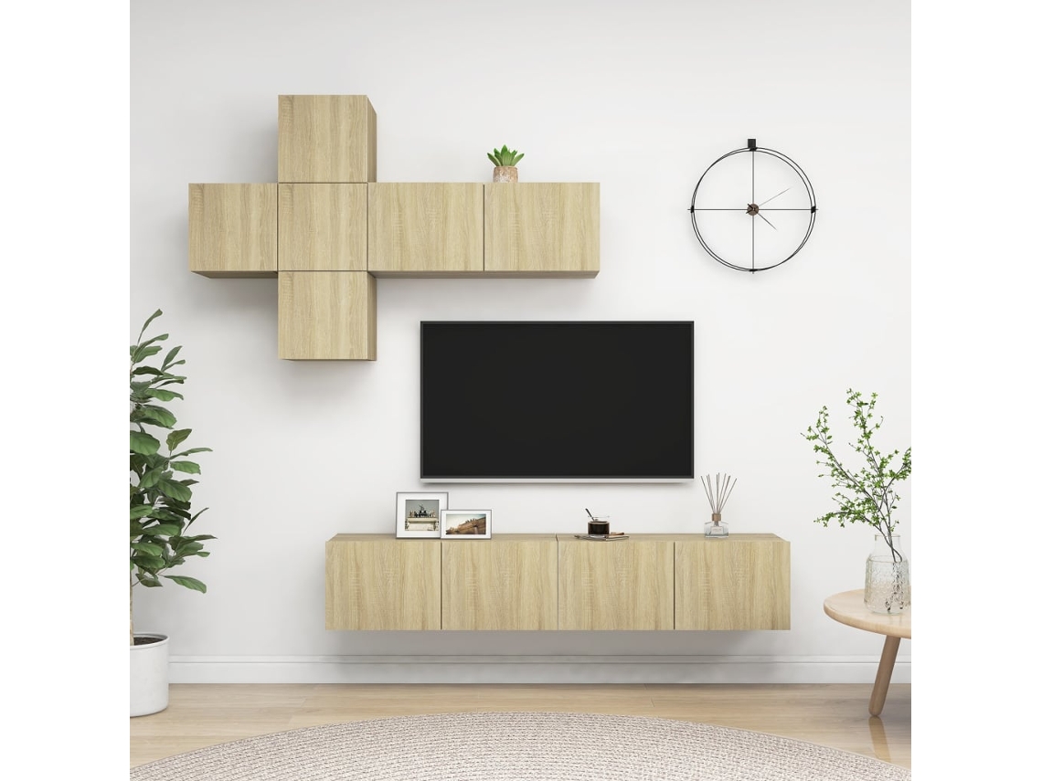 7Pzs Pack de Muebles de Armario Tv Contrachapado Color Roble Sonoma