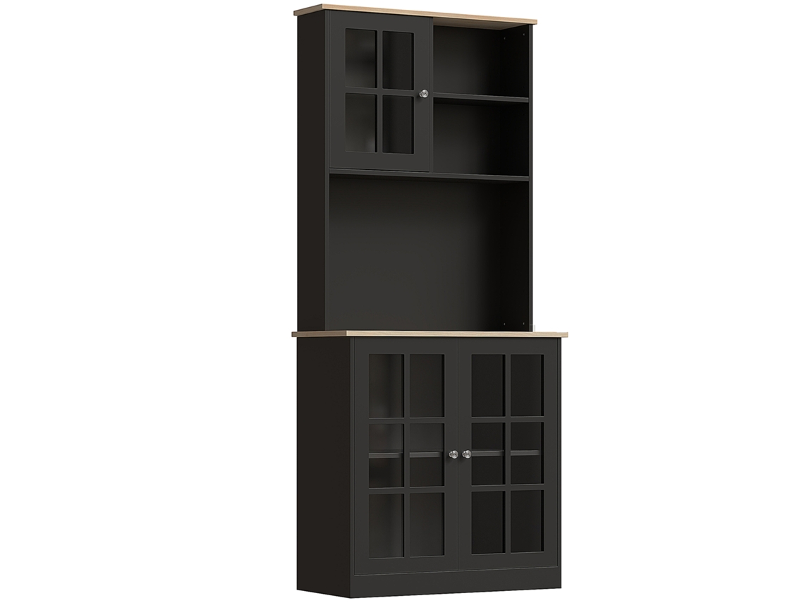 Aparador De Cocina , Mueble Alto De Almacenamiento Con Encimera, 3 Puertas De Cristal, 2 Nichos Y Estantes Ajustables, 80 X 37 X 183 Cm, Roble Negro.