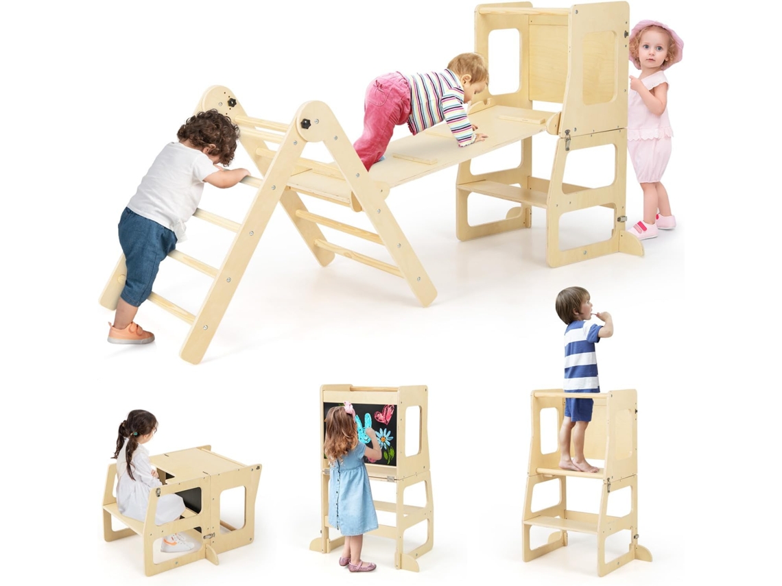 7 en 1 Triángulo de Escalada de Madera para Niños con Rampa Reversible, Torre de Aprendizaje Plegable Montessori, Mesa y Silla Infantil COSTWAY