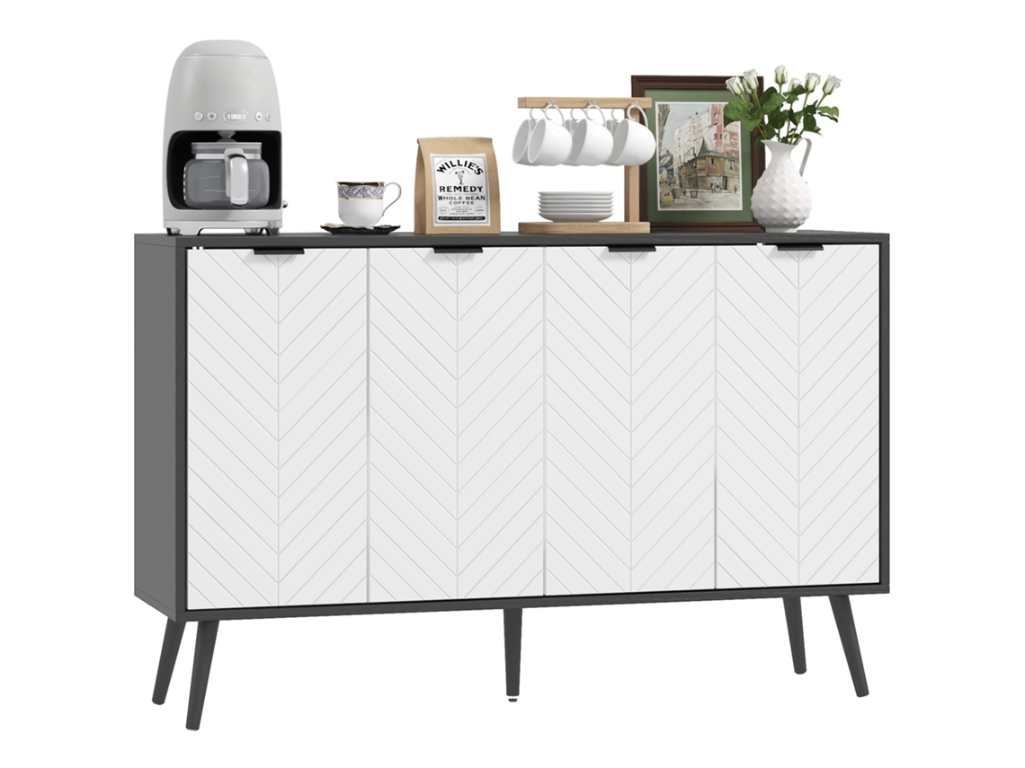 Aparador 4 Portas, Prateleiras Ajustáveis, Pés Madeira, 120x35x77,4cm, Branco/preto. ZENCORE SERVICES