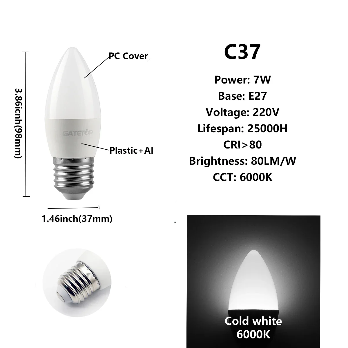 Bombillas Led (c37 7w E27 6000k) Paquete De 10 Unidades, Ideales Para La Decoración Del Hogar, El Estudio Y El Baño.