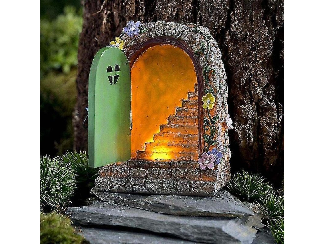 2026-puerta Encantada Jardín Hada Miniatura Verde Con Flores Rosas Para Tronco Árbol Accesorio Exterior