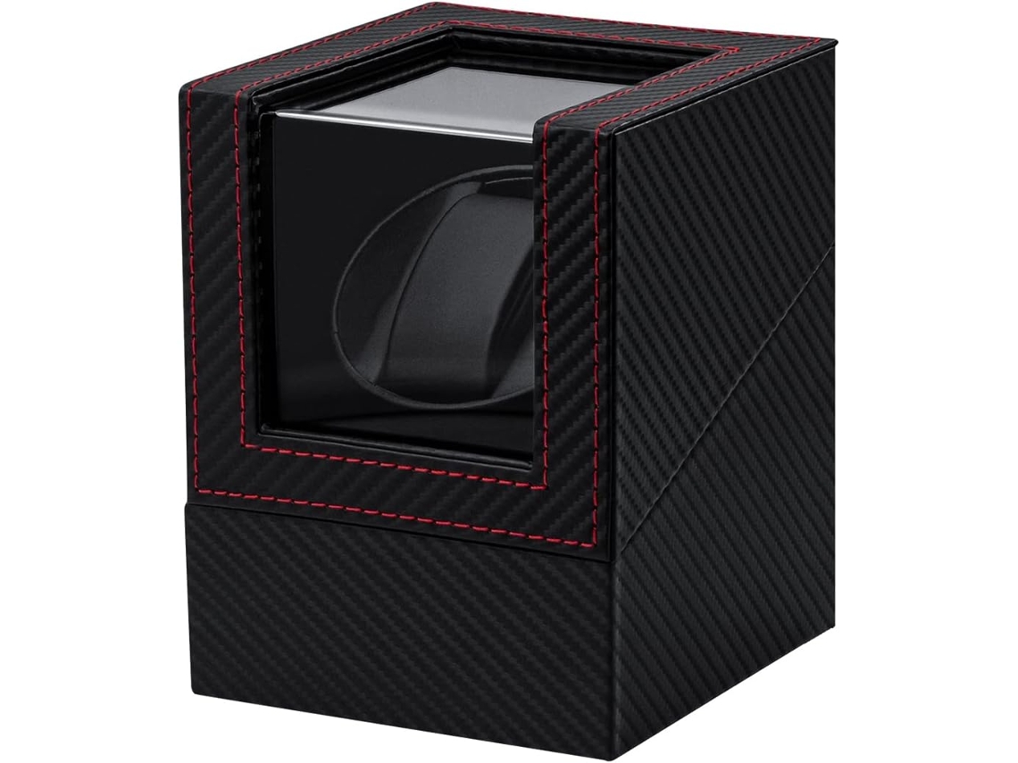 Caixa De Relógio Automática Para 1 Relógio Com Motor Silencioso Couro Com Padrão De Fibra De Carbono Preto Vermelho