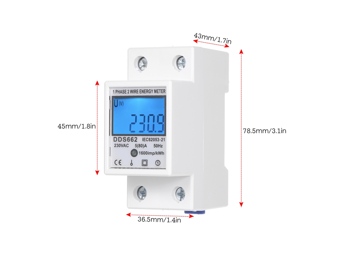 Medidor De Energía Lcd Monofásico De 230 V Dds662 Para Montaje En Carril Din De 80 A Con Retroiluminación
