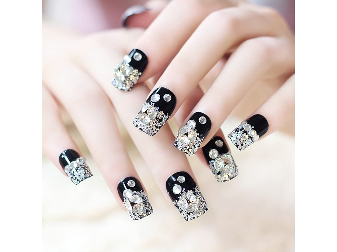 Uñas postizas cuadradas con decoración de diamantes de imitación brillantes, uñas acrílicas no tóxicas, puntas de moda para mujeres y niñas, fáciles de usar.