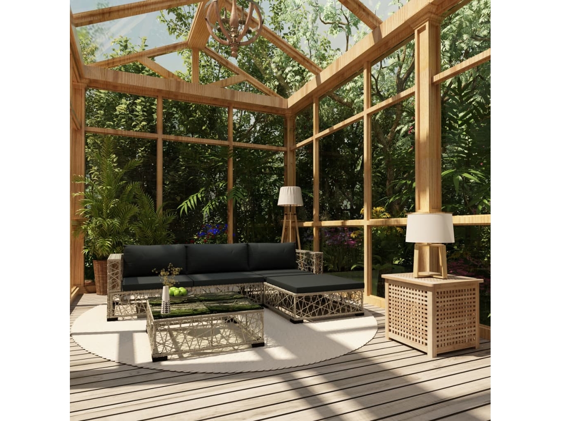 Conjunto de jardín de 5 piezas con cojines, ratán gris, DKD Home Decor