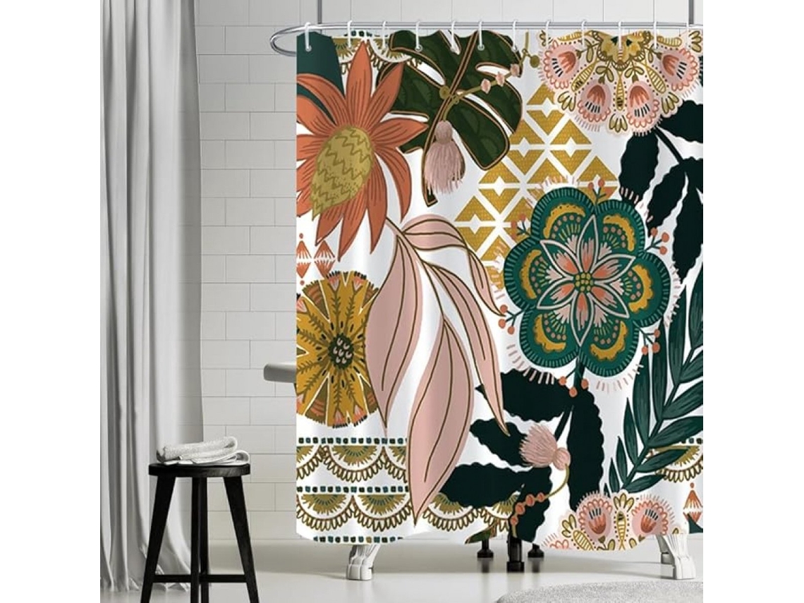 Cortina de ducha estilo bohemio con ganchos de plástico, flores y hojas verdes y rosas (180 x 180 cm)