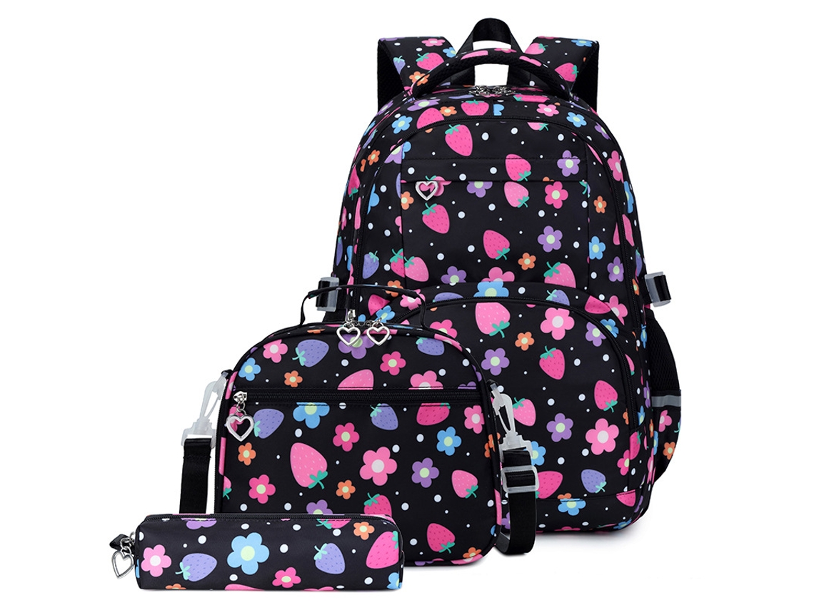 Mochila estudiantil de tres piezas con gran capacidad, color negro estampado