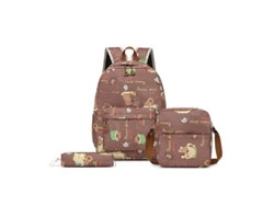 Conjunto multifuncional de mochila estudiantil de tres piezas, color marrón.