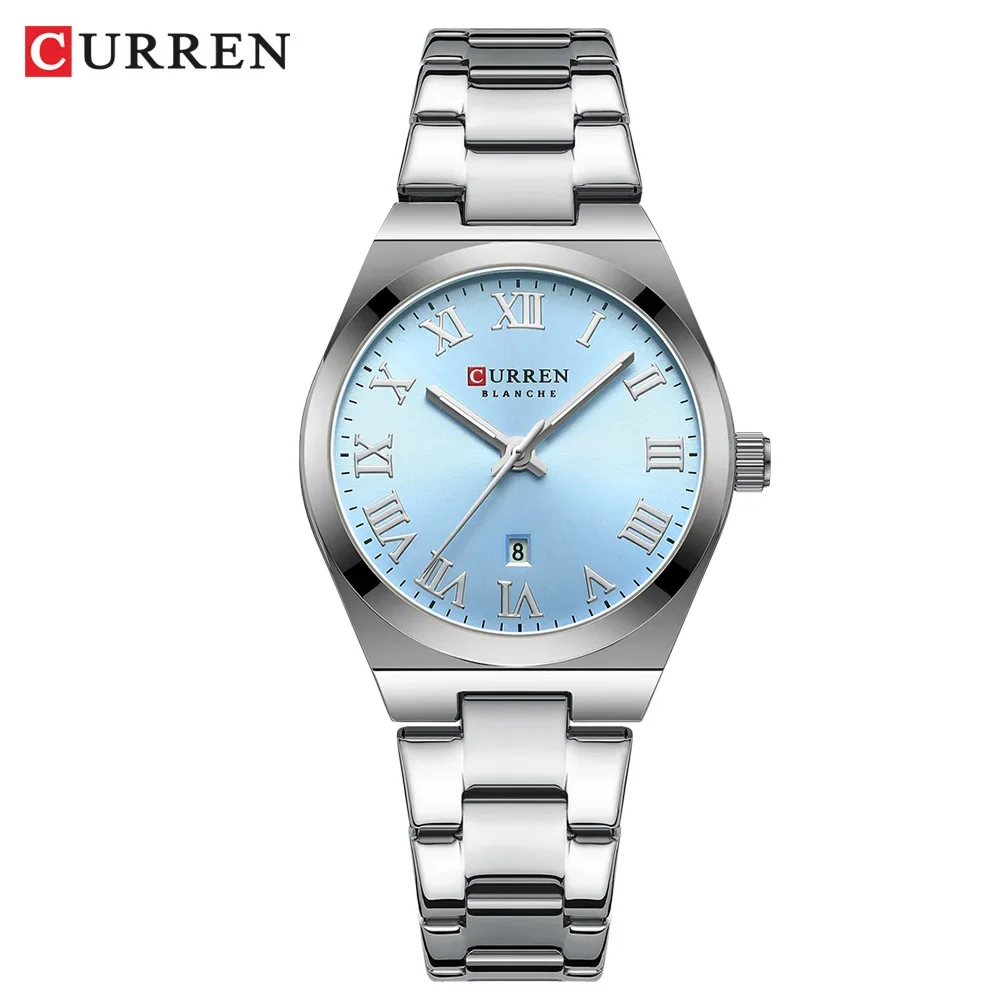 Reloj de mujer (plata) con brazalete de acero inoxidable, resistente al agua y visualización de fecha analógica.