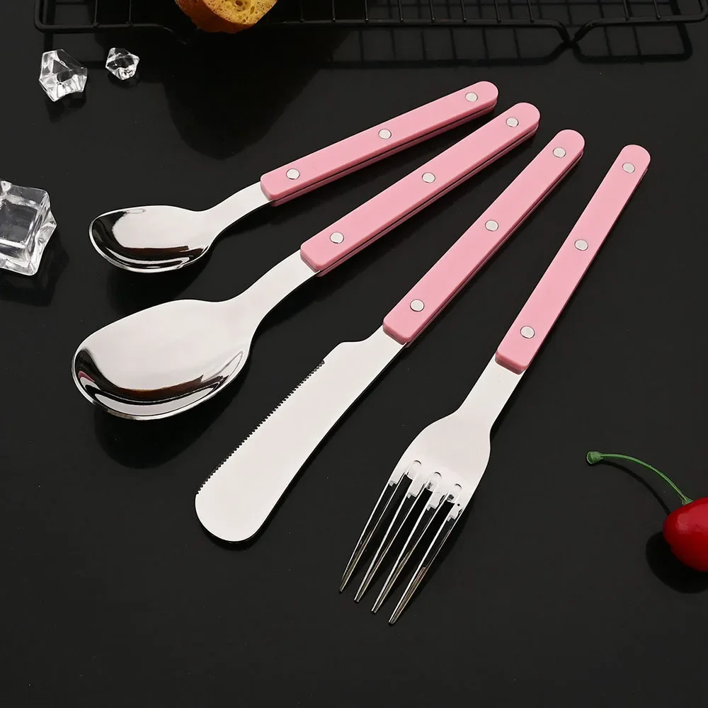 (rosa, Conjunto De 4 Piezas) Vajilla De Acero Inoxidable Con Mango De Acrílico, Incluye Cuchillo, Tenedor Y Cuchara, Cocina Para Uso Doméstico