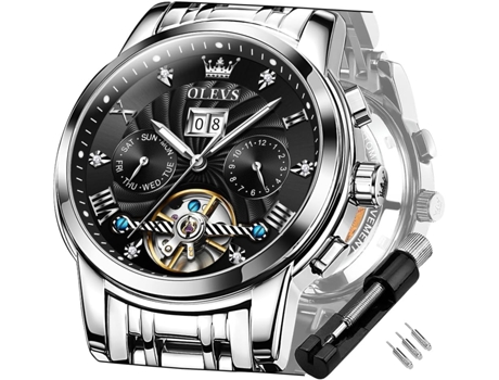 VEANXIN Reloj luminoso impermeable de acero inoxidable mecánico automático Tourbillon para hombre(blanco)