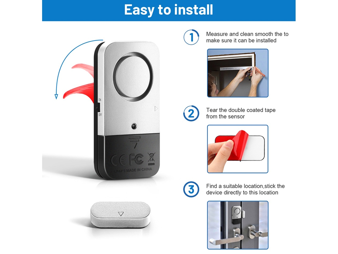 Sensor de alarma antirrobo inalámbrico para puertas/ventanas, 4 unidades