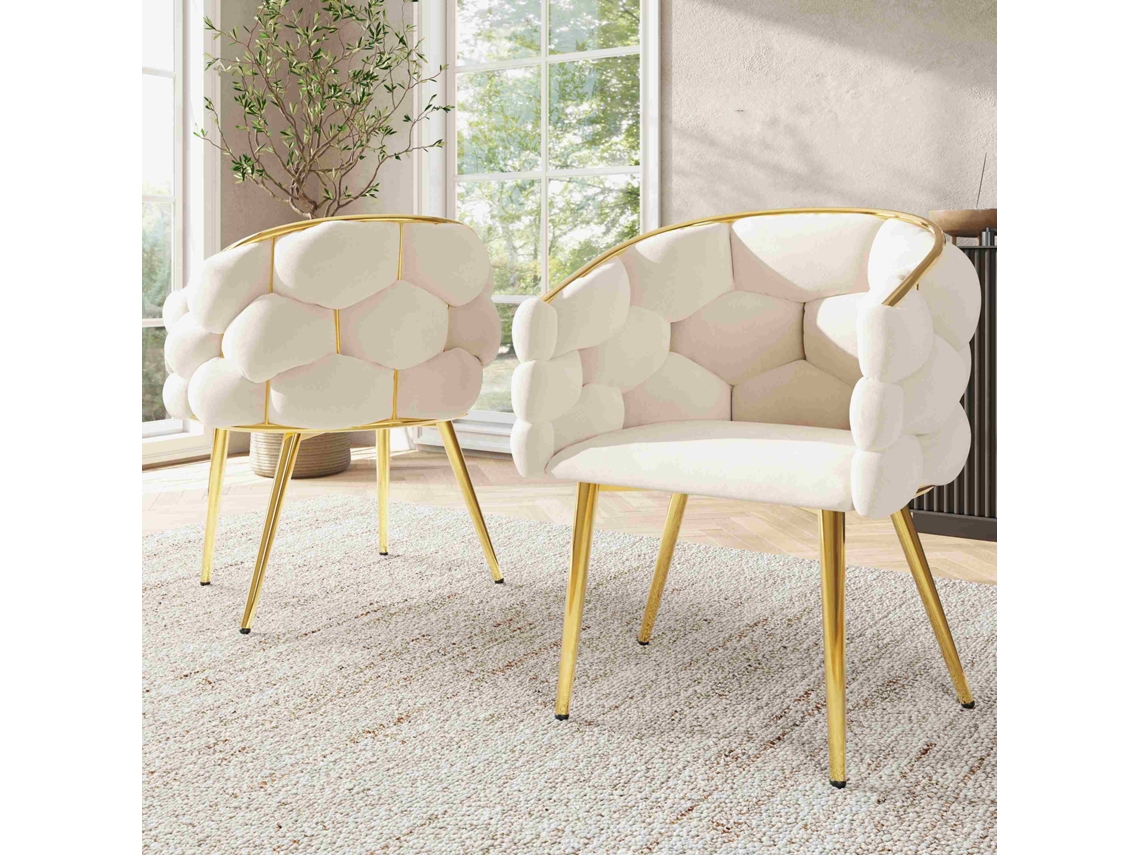 Sillas de salón modernas de terciopelo con patas de hierro dorado, estilo beige (2 piezas)
