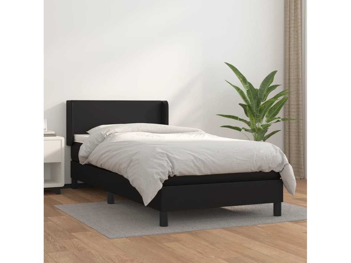 Cama con colchón de muelles y cabecero de piel sintética negra (100x200 cm)