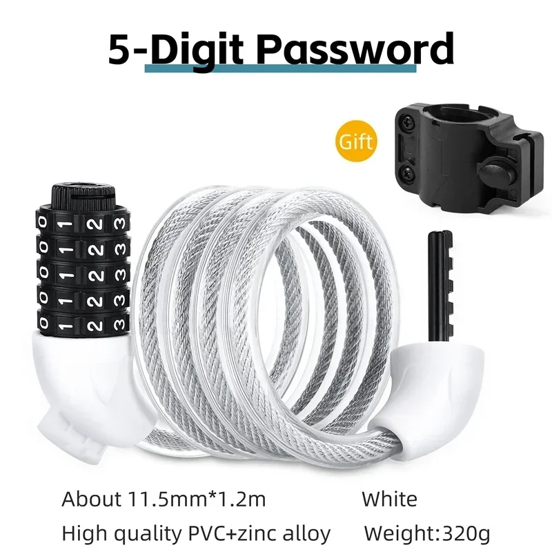 Candado portátil MDUG para bicicleta con combinación de 5 dígitos, apto para bicicletas de montaña y eléctricas, antirrobo (blanco)
