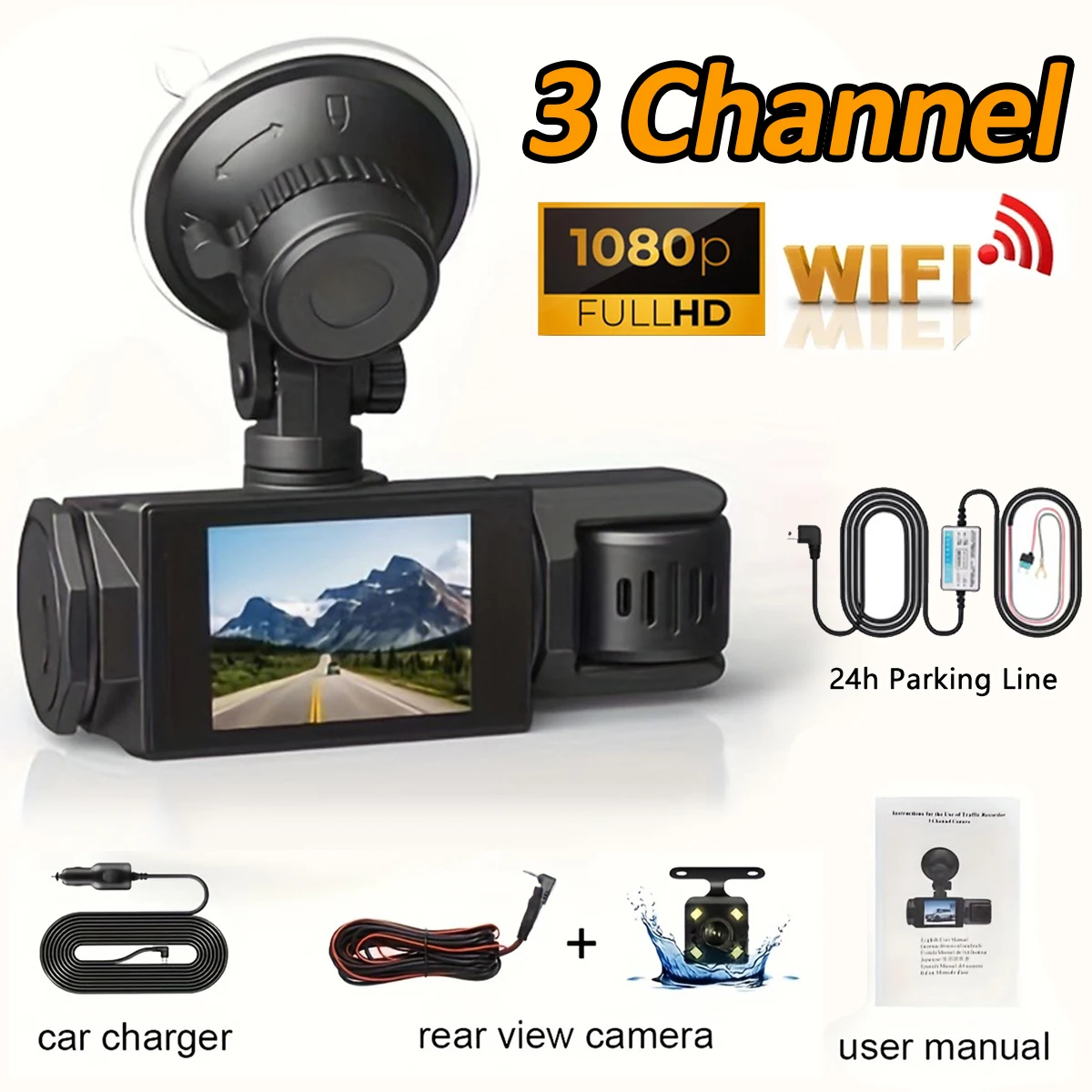 (sem Cartão Sd, Kit De Instalação Fixa De 3 Canais) Câmera Veicular, Compatível Com Wi-fi, Visão Noturna Hd 1080p