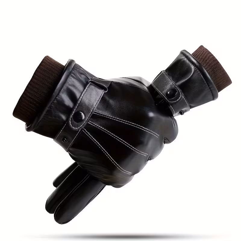Guantes de PU para hombre, compatibles con pantallas táctiles, estilo casual, diseño de color liso, forro cálido Stelasplen