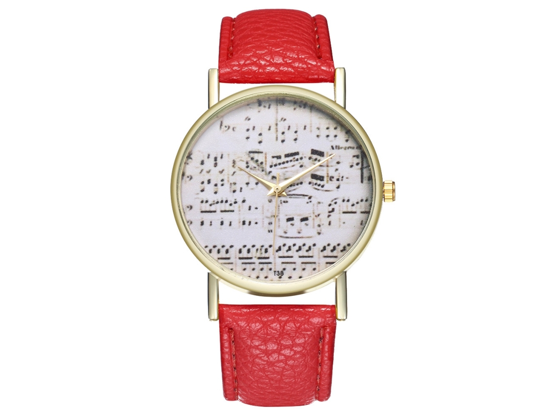 Reloj De Pulsera Unisex Zhoulianfa Con Notas Musicales Y Correa De Cuero Sintético Rojo.