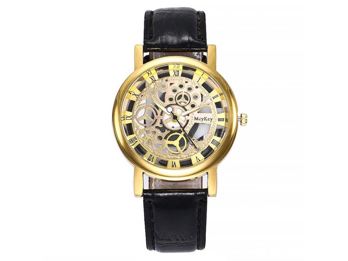 Reloj De Pulsera De Cuarzo Con Números Romanos Y Dial Hueco De Aleación Mcykcy (cinturón Negro Dial Oro)
