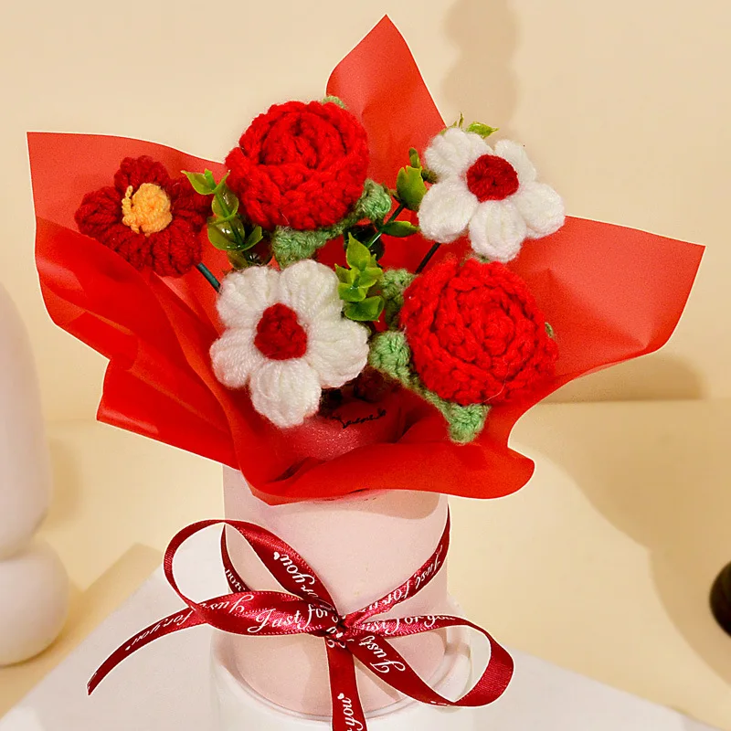 (rojo) 1 Pieza De Ramo De Rosas Tejido A Mano, Con Rosas Y Margaritas.