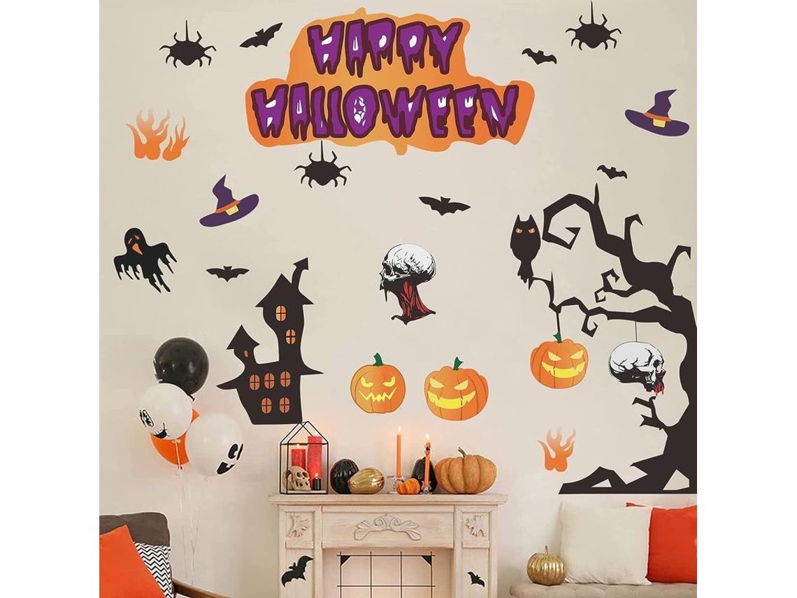 2026-decoraciones De Halloween Pegatinas Espeluznantes Para Pared Con Castillo Calabaza Bruja Murciélago Y Texto Feliz Halloween